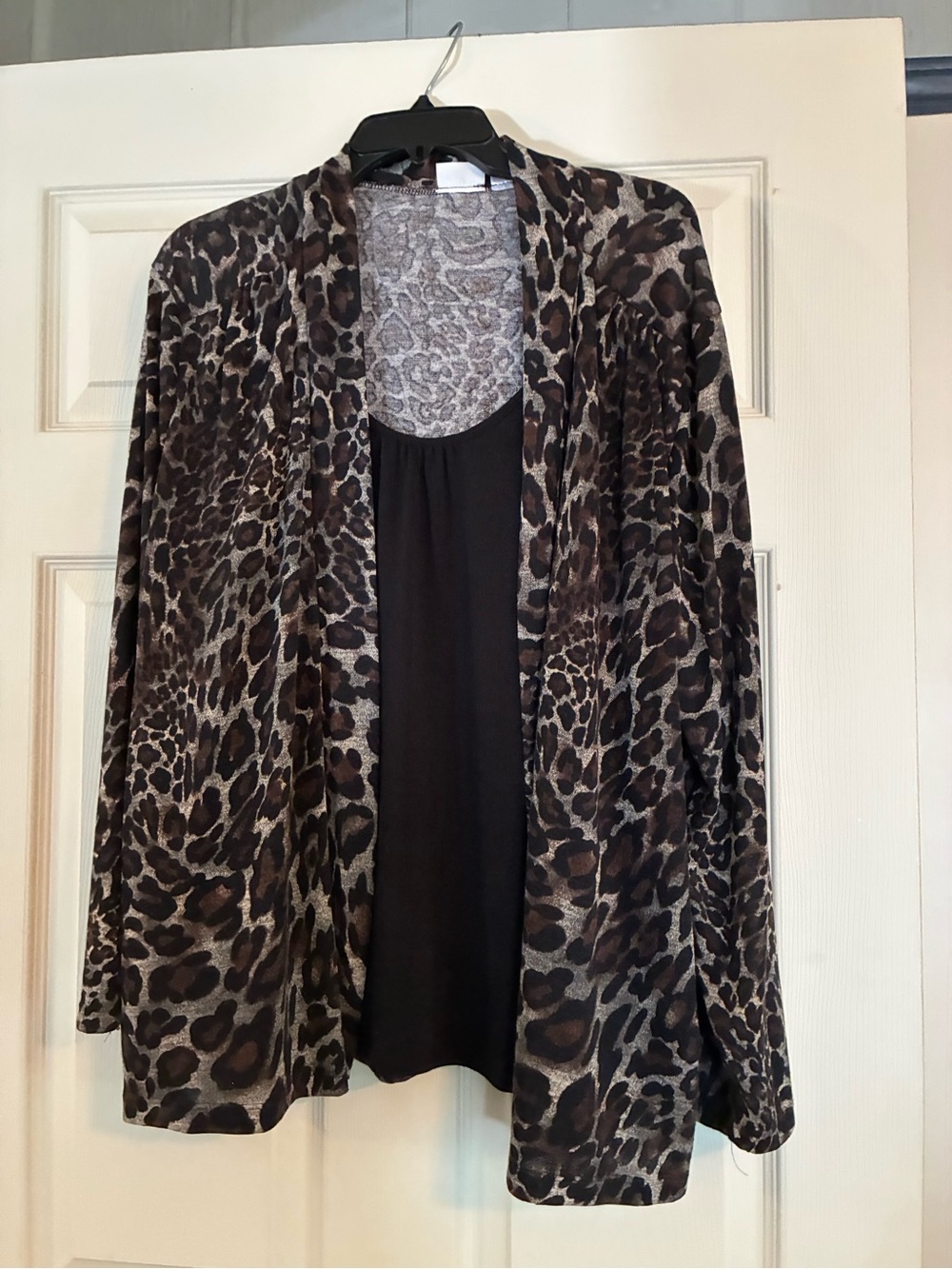 Kim Rogers Brown and Black Leopard Print Cardigan with Black Tank Attached - Picture 1 of 7
